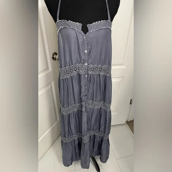 Free People maxi dress lace inserts size M denim color - Picture 9 of 10